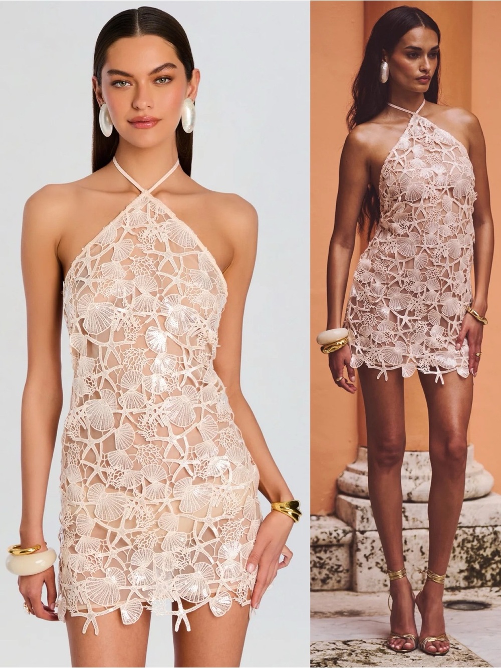 Retrofete Hayden Sequin Lace Sheer Halter Neck Mini Dress Cream